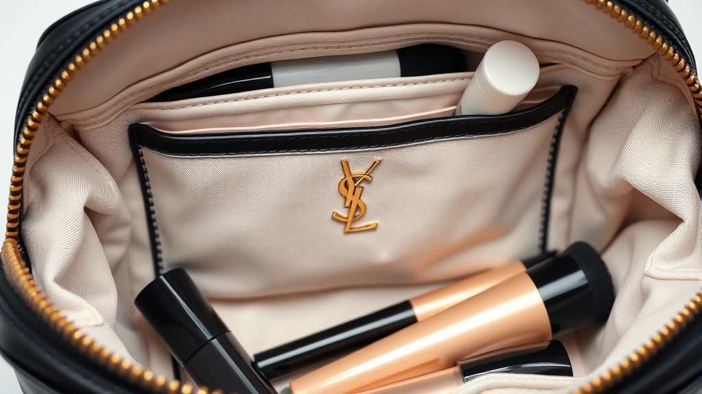 Close-up detail of YSL cosmetic bag interior organization showing compartments, padding, and quality stitching with makeup brushes and cosmetic products neatly arranged inside