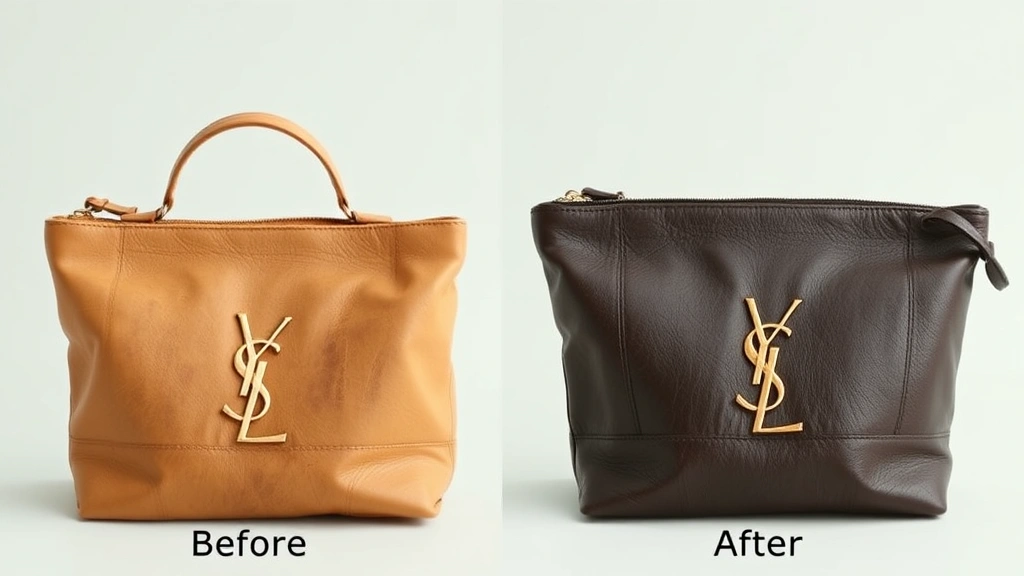 Before and after comparison showing aged YSL leather cosmetic bag displaying natural patina development and character, positioned next to original condition reference, professional product photography