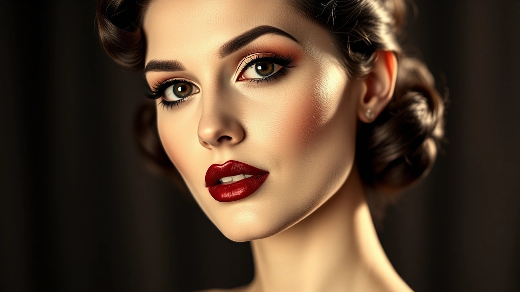 A woman with 1930s-style makeup featuring deep burgundy lipstick, sculpted eyebrows, and dramatic mascara-lined eyes, vintage Hollywood aesthetic, black and white or sepia-toned photography style, professional studio lighting, elegant and sophisticated expression