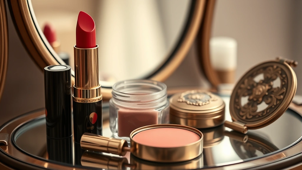 Close-up of 1930s cosmetics products including vintage lipstick tube, cream blush pot, cake mascara tin, and powder compact with ornate metal details, arranged artistically on a vanity mirror with soft studio lighting