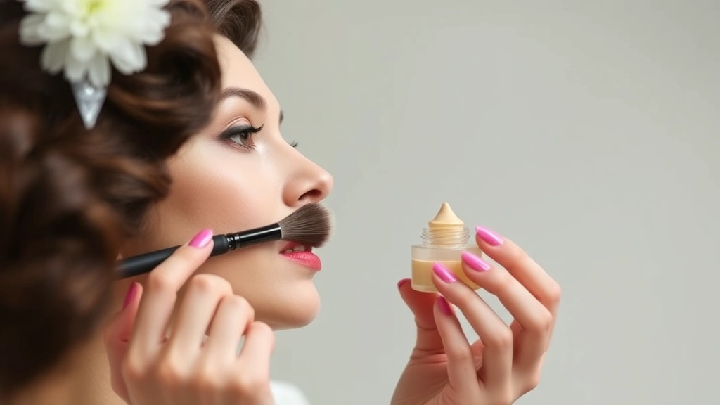 A woman applying 1930s-style makeup using period-appropriate techniques, holding a lip brush and cream foundation jar, showing the meticulous application methods of the era, natural daylight, educational beauty content style