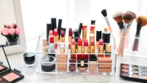 Clear acrylic cosmetic organizer filled with organized lipsticks, eyeshadows, and makeup brushes on a white marble vanity, natural daylight, professional beauty photography