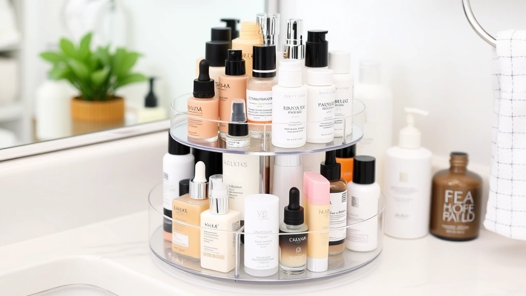 Tiered rotating acrylic organizer displaying foundations, serums, moisturizers, and skincare bottles arranged by category, clean bathroom vanity setting, product bottles clearly visible