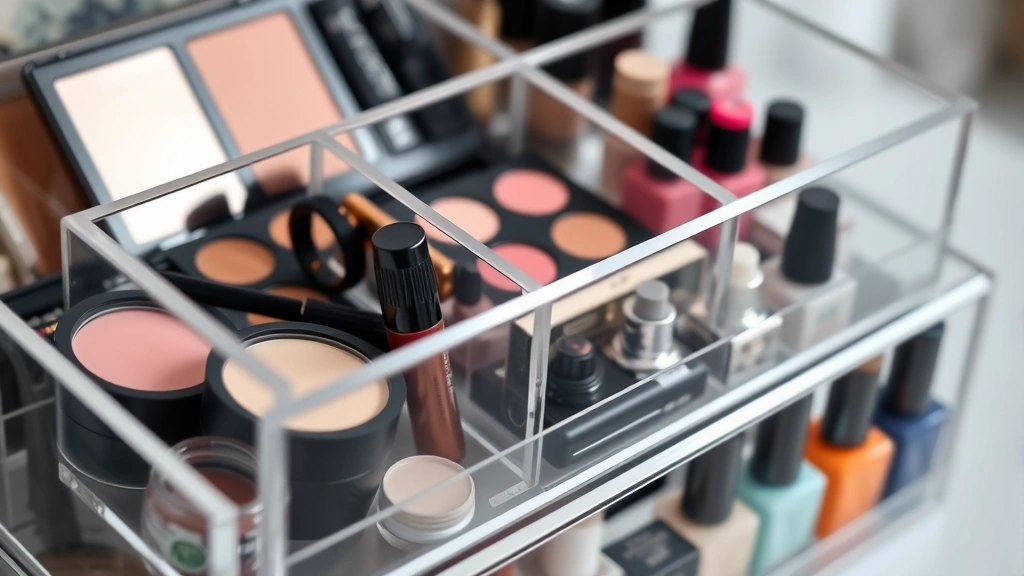Close-up of divided acrylic compartments organizing various makeup products including palettes, mascara, and nail polish bottles, minimalist aesthetic, soft studio lighting