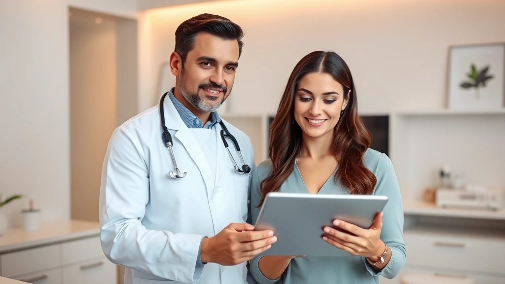 Board-certified plastic surgeon in surgical attire consulting with female patient in modern medical office, reviewing procedure details on tablet, professional setting with warm lighting, both displaying confident expressions