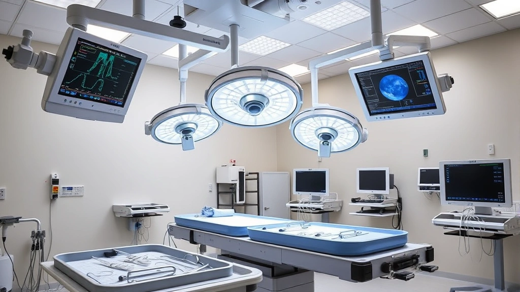 Comprehensive surgical facility operating room with advanced monitoring equipment, surgical lights, sterilized instruments on trays, accredited medical environment demonstrating safety standards and professional standards
