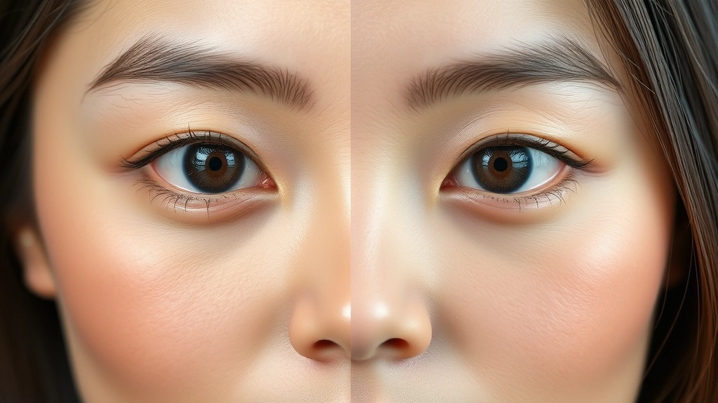 Before and after comparison split image of Asian woman's eyes showing eyelid enhancement, natural lighting, both eyes open and relaxed, professional beauty photography style
