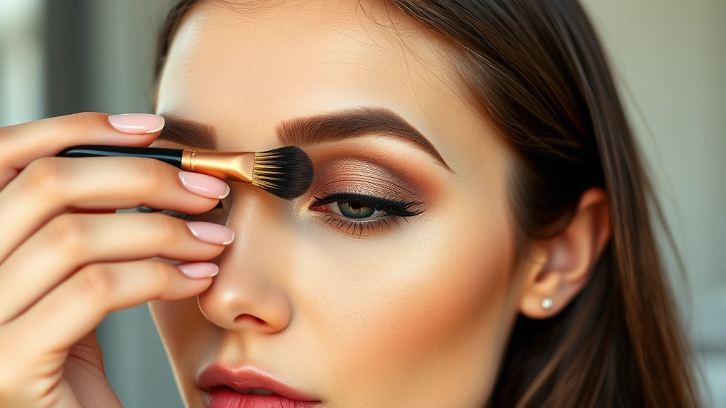 Woman applying eyeshadow with professional makeup brush on enhanced double eyelid, natural daylight, showing makeup application technique, no product packaging visible