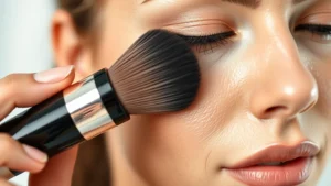 Close-up of woman applying precise liquid foundation with advanced beauty applicator, professional makeup application, natural lighting, dewy skin finish
