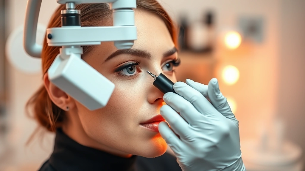 Dermatologist examining skin texture with magnification tool, professional skincare consultation setting, clinical beauty assessment, warm professional lighting