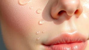 Close-up of glowing hydrated skin with water droplets, showing healthy radiant complexion with dewy finish, natural lighting highlighting skin texture and moisture