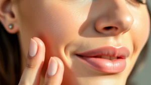 Close-up of a woman with glowing, clear complexion applying lightweight serum to cheek, natural morning light, minimal makeup, emphasizing skin health and radiance