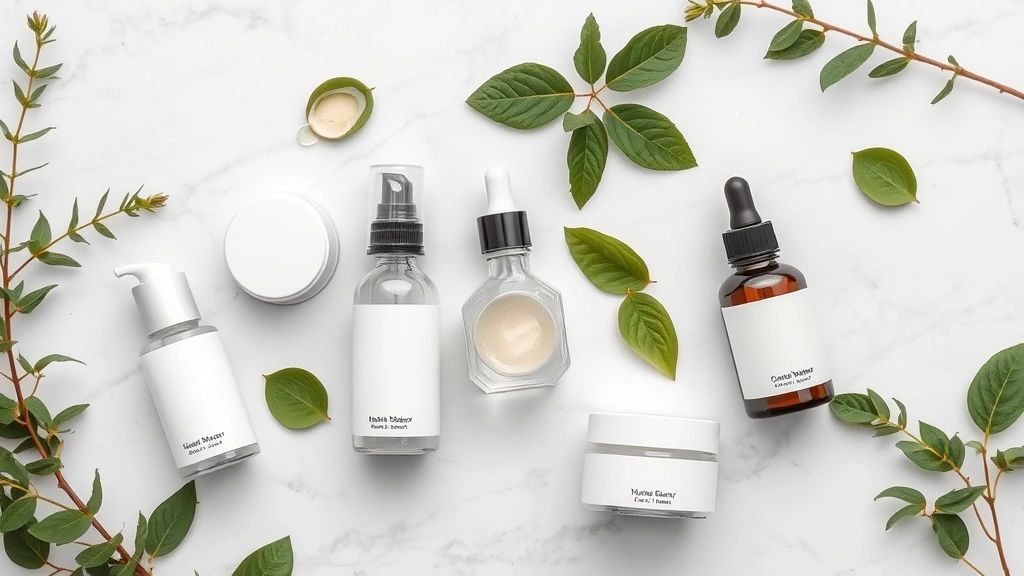 Flat lay of clean beauty skincare bottles and jars on white marble surface with fresh green botanicals, hyaluronic acid droplet visible, minimalist aesthetic, natural product photography