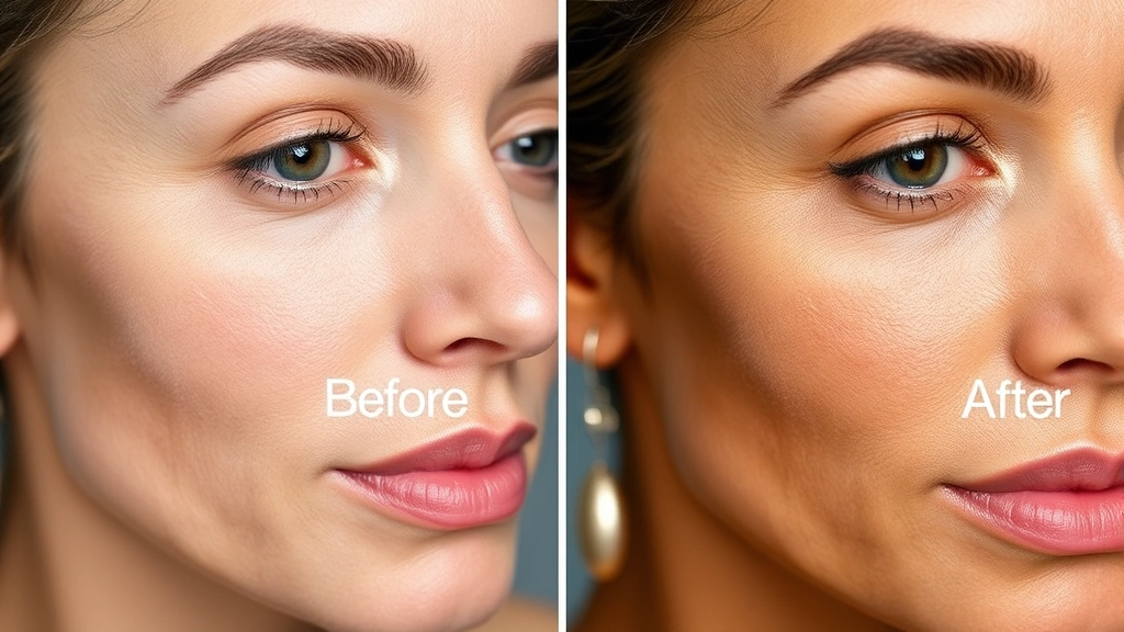 Before and after comparison showing skin texture improvement, reduced redness, and enhanced luminosity on diverse skin tone, professional skincare results documentation style