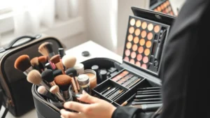 Professional makeup artist organizing an organized cosmetic bag with multiple compartments, brushes neatly arranged in holders, palettes displayed vertically, soft natural lighting highlighting interior organization and quality materials