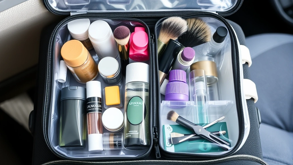 Travel-friendly transparent cosmetic bag TSA-approved with organized liquid containers, solid products, and brush holders, packed efficiently for airplane luggage, showing waterproof interior compartments