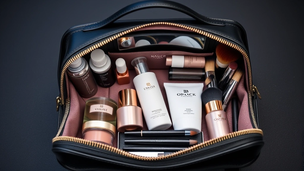 Luxury designer cosmetic bag in premium leather or high-quality material displayed with skincare bottles, makeup palettes, and professional brushes artfully arranged inside, showcasing elegant interior organization and craftsmanship
