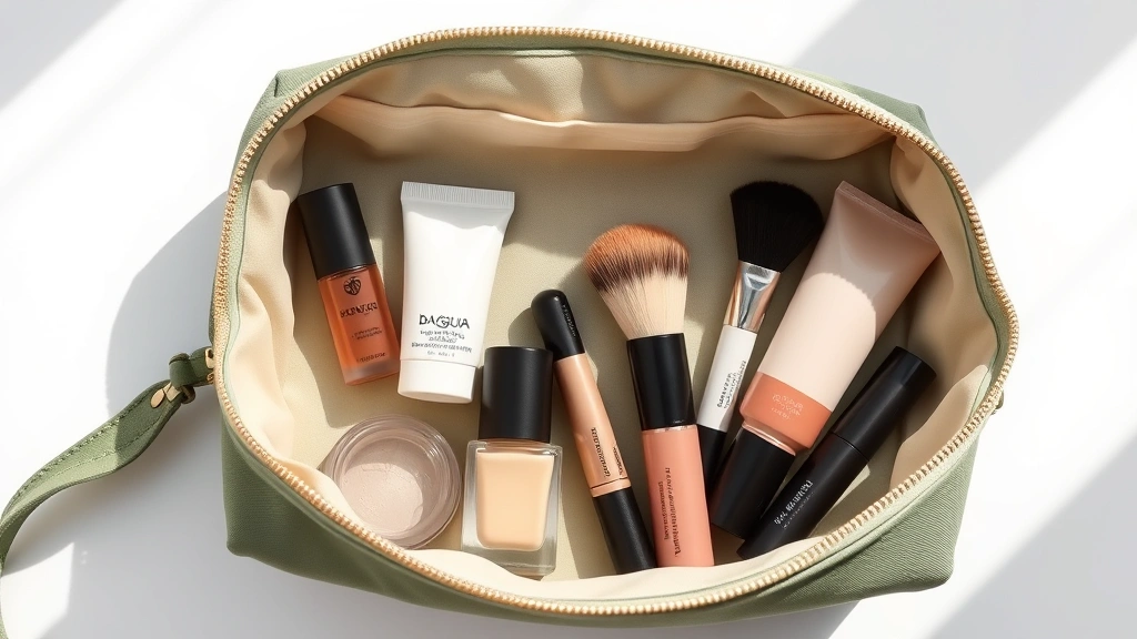 Flat lay of open Baggu cosmetic bag in sage green showing organized makeup products including foundation bottles, brushes, and lipsticks arranged inside, bright natural lighting, professional beauty photography style, minimalist aesthetic
