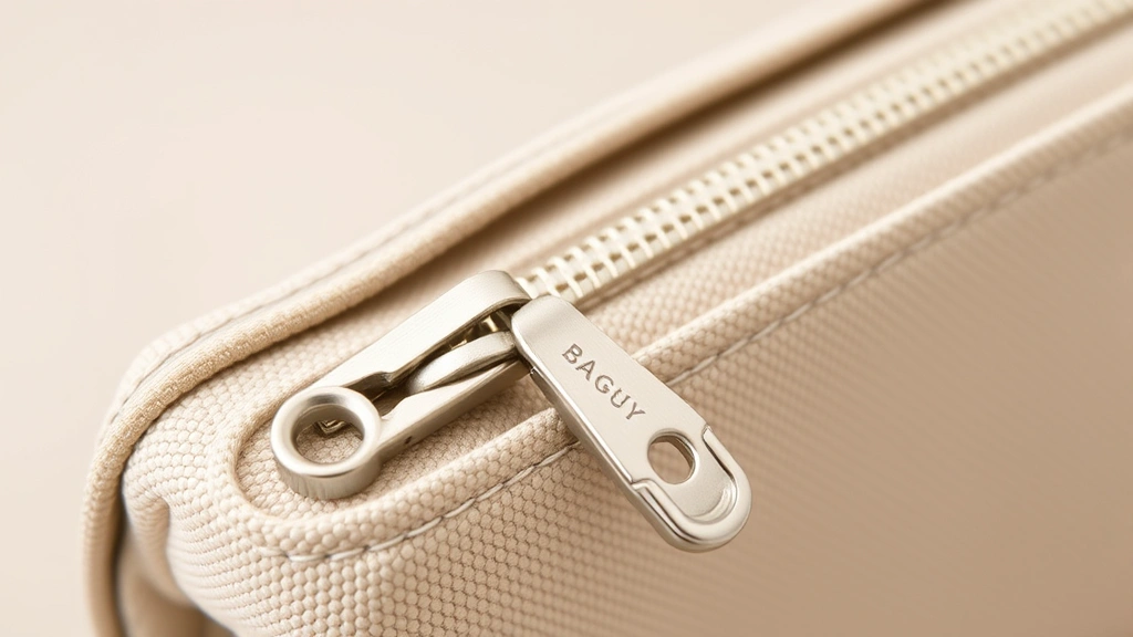 Close-up detail of Baggu cosmetic bag zipper and stitching showing metal hardware quality and precise thread work, soft neutral background, macro photography highlighting craftsmanship and durability