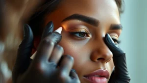 Professional makeup artist applying shimmering Becca liquid highlighter to high cheekbone of model with deep rich skin tone, soft natural lighting, dewy luminous finish, close-up detail shot