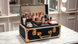 Luxury cosmetic case in black and soft pink colors displayed on marble vanity with gold hardware details visible, professional beauty photography lighting