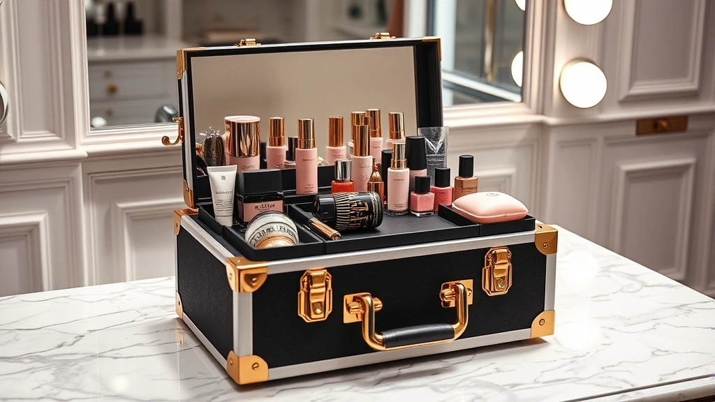 Luxury cosmetic case in black and soft pink colors displayed on marble vanity with gold hardware details visible, professional beauty photography lighting