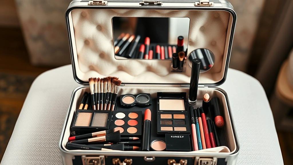 Open cosmetic case revealing organized interior with makeup brushes, eyeshadow palettes, and lipsticks arranged inside, mirror visible on lid, soft natural lighting
