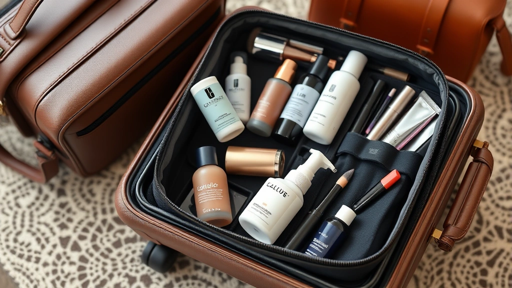 Travel-ready cosmetic case packed in luxury luggage next to skincare bottles and makeup products, lifestyle photography showing real-world organization and capacity