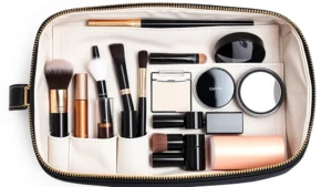 Premium cosmetic pouch in minimalist design with organized makeup products including brushes, compacts, and tubes neatly arranged inside, showing structured compartments and professional organization