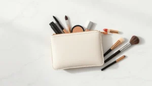 Flat lay overhead view of luxury small cosmetic pouch in cream color containing neatly arranged makeup products: foundation bottle, mascara, blush compact, lipstick, concealer, and makeup brushes on white marble surface with soft natural lighting