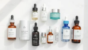 Flat lay of organized skincare products including serums, moisturizers, and essences in minimalist aesthetic arrangement, soft natural lighting, white marble surface background, beauty products clearly visible