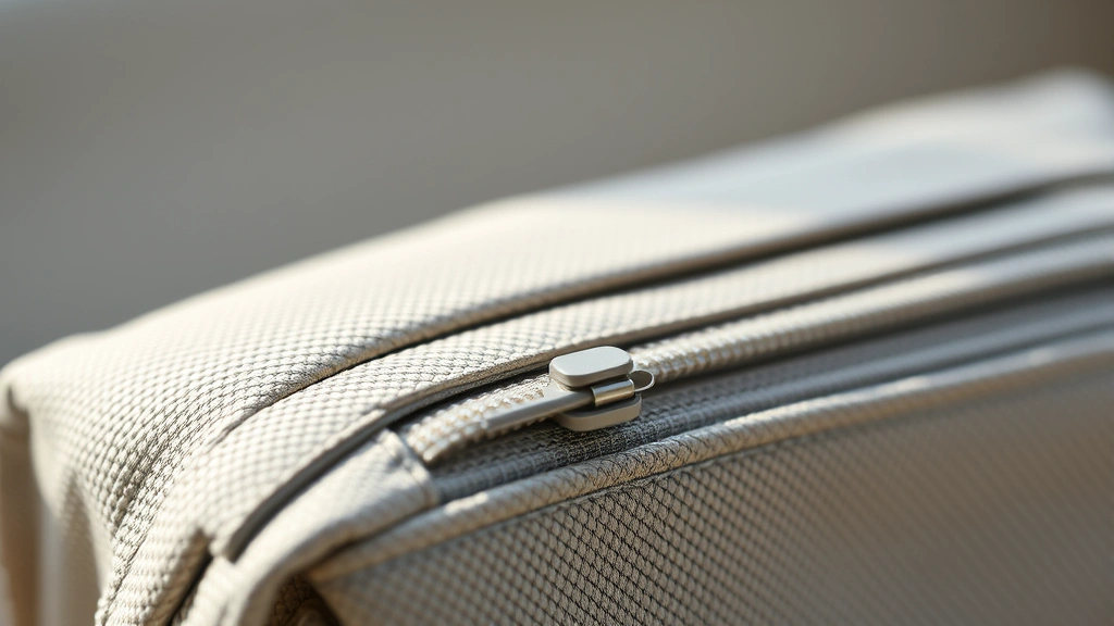 Close-up detail of water-resistant fabric texture on cosmetic pouch, showing premium material quality with soft lighting emphasizing craftsmanship, zipper mechanism visible, neutral color palette