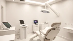 Professional aesthetic dermatology clinic setting with advanced laser equipment, soft clinical lighting, modern treatment room with comfortable patient chair, sterile environment, no visible text or labels