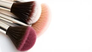 Close-up of five cosmetic brushes with soft synthetic bristles arranged in a fan pattern, showing various brush shapes including flat, fluffy, and tapered designs against a clean white background with natural daylight