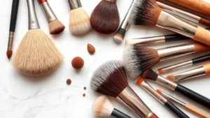 Close-up of diverse cosmetic brushes in various sizes and shapes arranged flat on white marble surface, showing natural bristles and synthetic fibers with metal ferrules, professional beauty photography