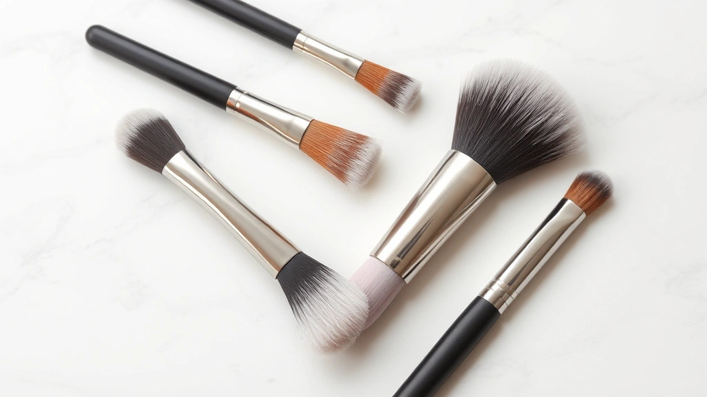 Close-up of five essential makeup brushes arranged flat lay on white marble surface, showing natural hair textures and metal ferrules, professional studio lighting