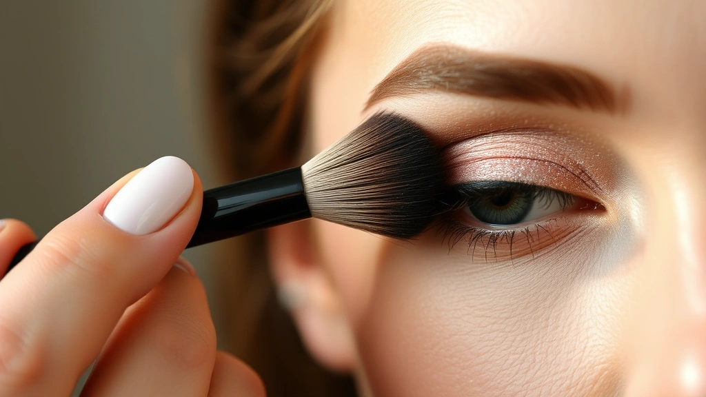 Makeup artist's hand demonstrating proper brush technique, applying eyeshadow with a fluffy blending brush on a model's eyelid, showing precision and seamless color blending in natural lighting