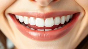 Close-up of bright white smile showing perfect teeth alignment and natural tooth shape, professional dental photography, natural lighting highlighting tooth surface texture and translucency