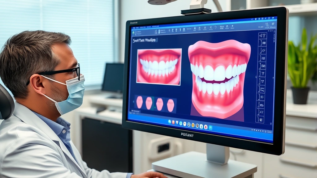 Dentist using digital smile design software showing patient 3D visualization of cosmetic dental results on computer screen, modern dental office setting, patient smiling at preview