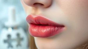 Close-up of smooth, moisturized lips with natural sheen, winter frost background slightly blurred, professional beauty photography, no text or labels visible