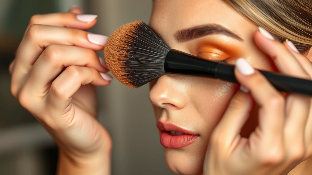 Professional makeup artist applying warm bronze powder to model's cheekbones with fluffy brush, natural lighting highlighting the warm golden pigments and seamless blending on medium skin tone