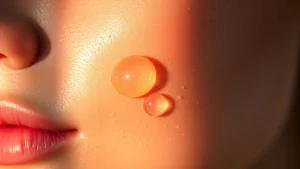 Close-up of glowing, hydrated skin texture with water droplets, professional lighting, skincare serum application on cheek, dewy complexion, no product labels visible