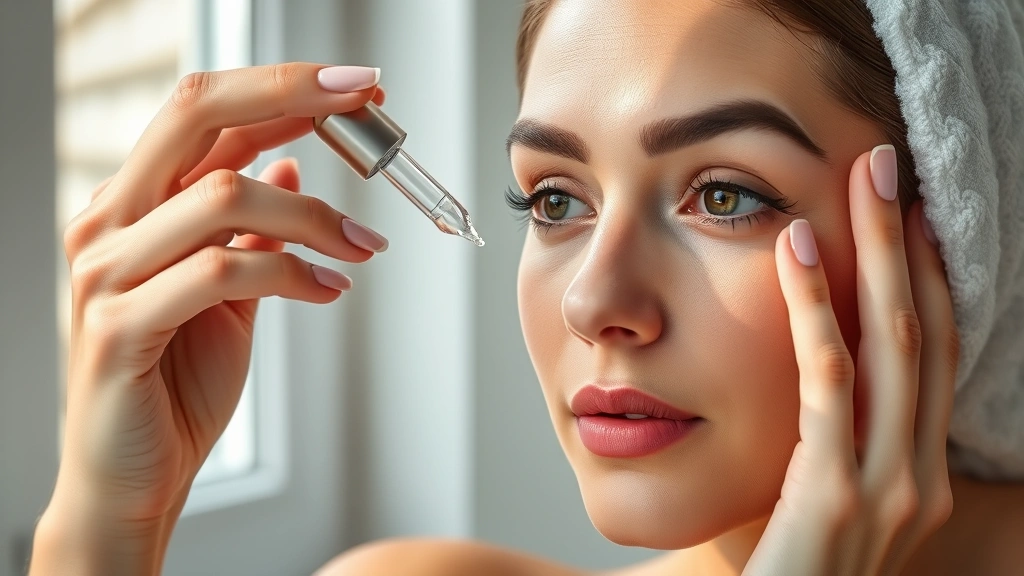 Woman applying facial serum with dropper, focused on eye area and forehead, natural lighting from window, serene spa-like setting, hands and face in frame, no visible product branding or text