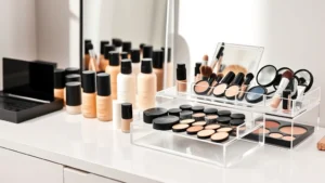Professional makeup artist's vanity with clear acrylic cosmetic organizer displaying foundation bottles, powder palettes, and brushes neatly arranged, soft natural lighting, minimalist aesthetic