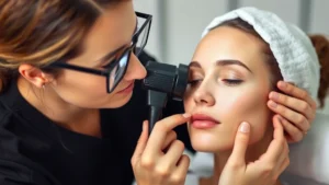 Professional aesthetician performing skin analysis on client's face using magnifying lamp, examining skin texture and tone in clinical setting