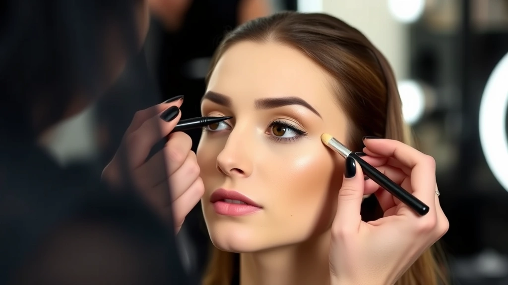 Professional makeup artist applying concealer in inverted triangle application technique using small precision brush on model's under-eye area, demonstrating proper placement and technique