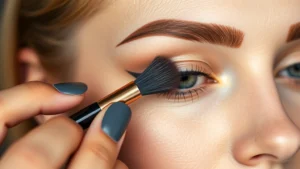 Close-up of makeup artist applying warm brown brow pomade with precise angled brush to clean, primed skin, showing feathering technique with natural lighting