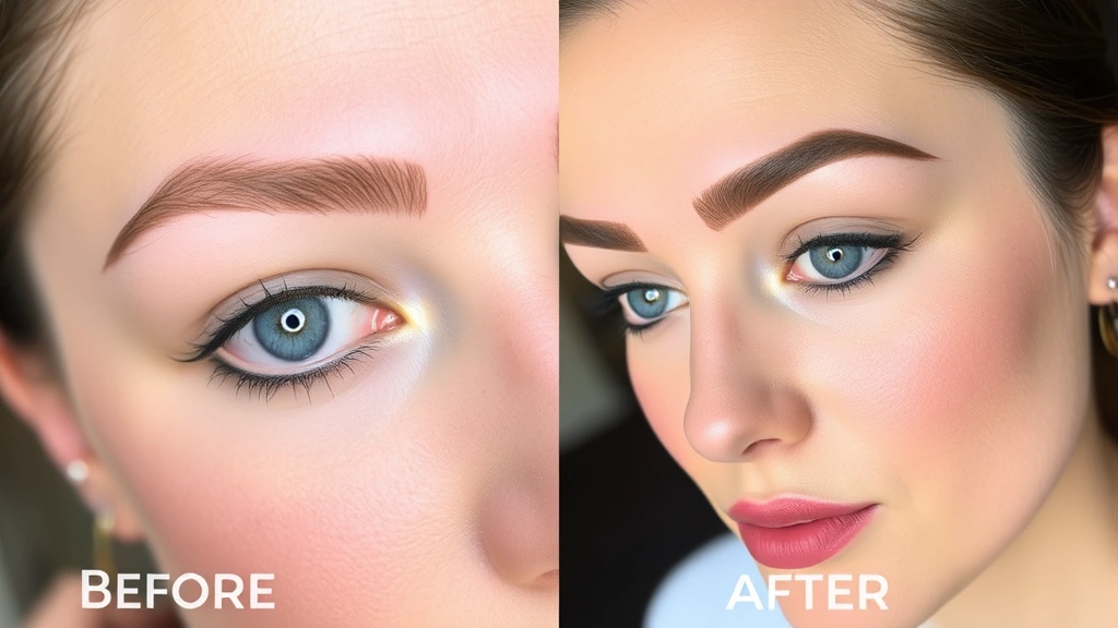 Before-and-after split image showing sparse natural eyebrows transformed with defined cosmetic brows using professional makeup application techniques