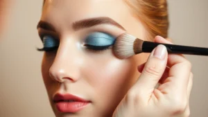 Professional makeup artist applying soft blue eyeshadow to model's eyelid with fluffy brush, neutral background, warm studio lighting, close-up of eye area
