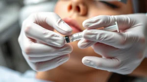 Close-up of a professional cosmetic injector's hands preparing a Botox syringe with precise measurement markings, sterile medical environment with clean white surfaces, soft professional lighting, extreme focus on technique and precision
